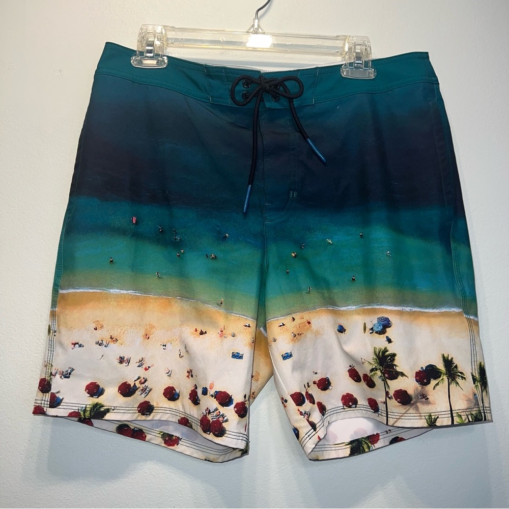 American Eagle Men's Unlined Surf Board Shorts Sz Medium Green Blue Beach Scene